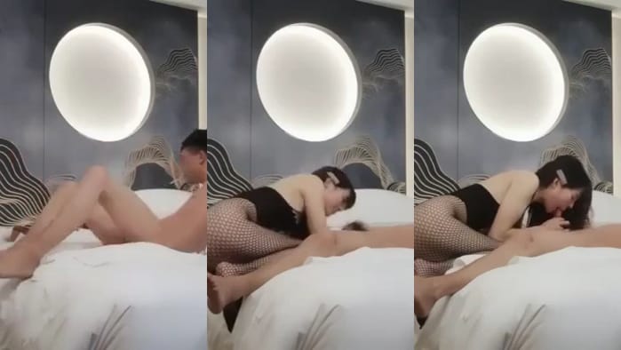 约了个蓝衣妹子酒店啪啪~情趣网袜黄狗撒尿姿势舔蛋猛操
